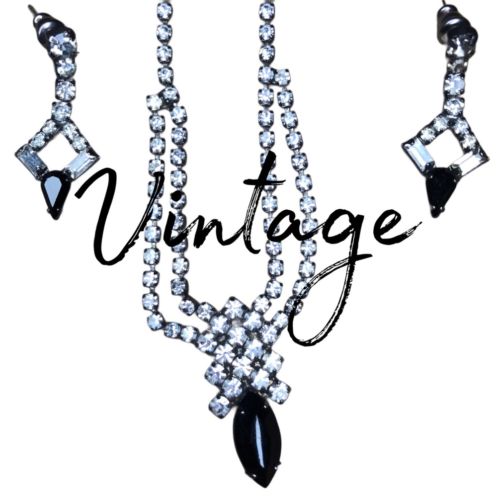 Vintage Rhinestone Elegant Black Jet Hollywood  Necklace Set Crystal Sparkle